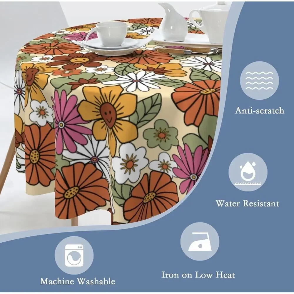 70s Retro Floral Round Tablecloth 60